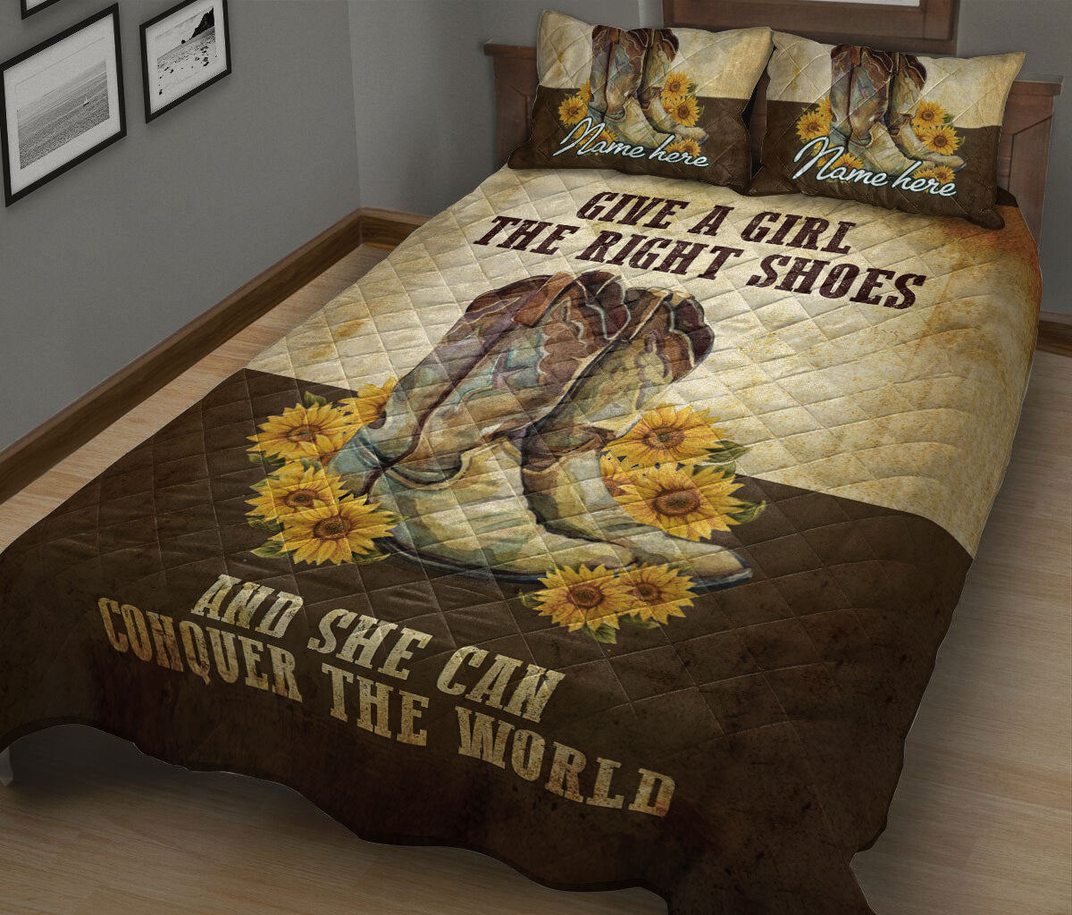 Ohaprints-Quilt-Bed-Set-Pillowcase-Vintage-Yellow-Brown-Cowgirl-Boost-Sunflower-Horse-Custom-Personalized-Name-Blanket-Bedspread-Bedding-826-King (90'' x 100'')