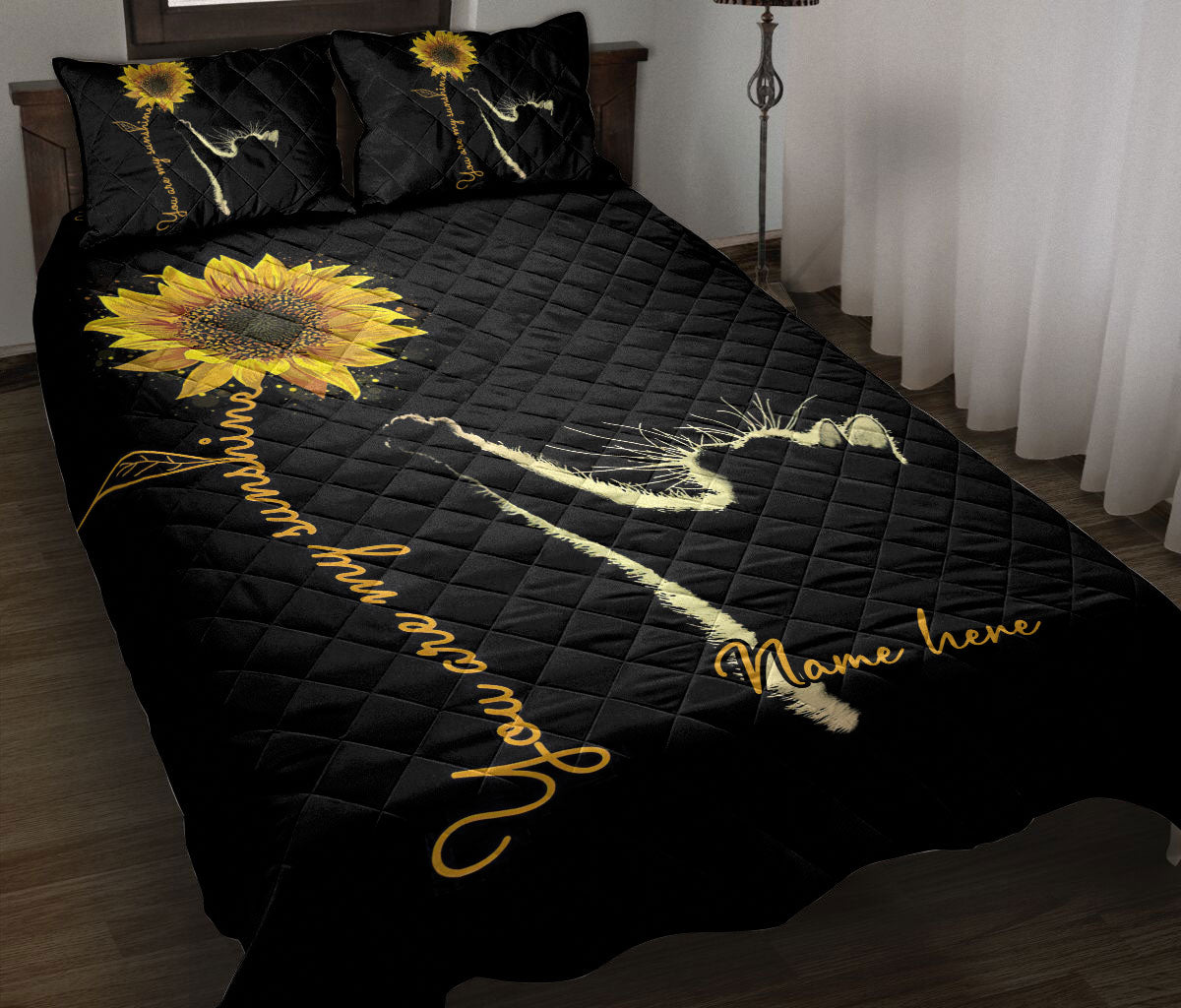 Ohaprints-Quilt-Bed-Set-Pillowcase-Sunshine-Cat-Sunflower-Flower-Animal-Pet-Lover-Black-Custom-Personalized-Name-Blanket-Bedspread-Bedding-2680-Throw (55'' x 60'')