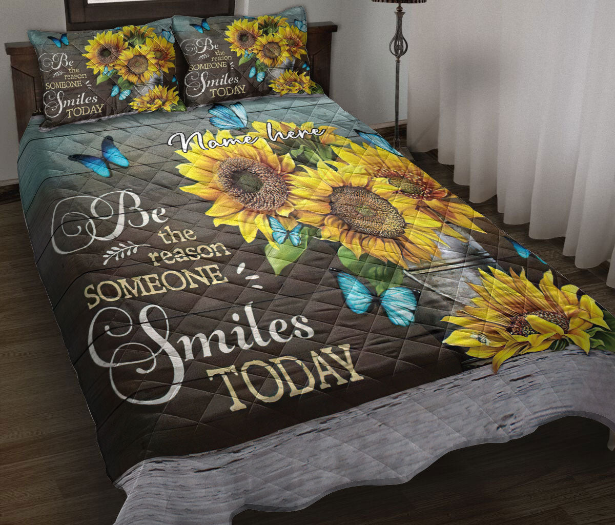 Ohaprints-Quilt-Bed-Set-Pillowcase-Sunflower-Blue-Butterfly-Flower-Lover-Gift-Idea-Wood-Custom-Personalized-Name-Blanket-Bedspread-Bedding-921-Throw (55'' x 60'')