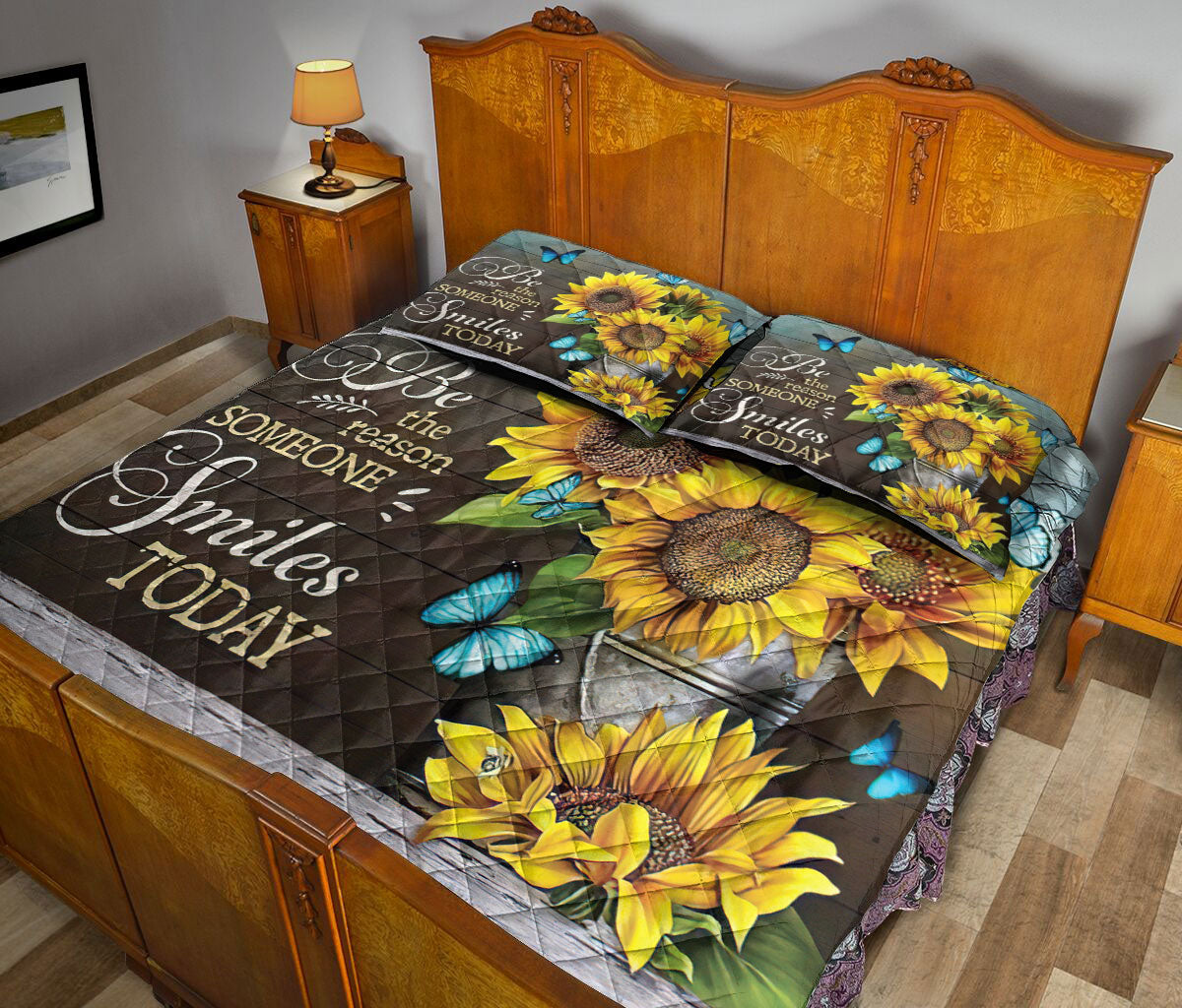 Ohaprints-Quilt-Bed-Set-Pillowcase-Sunflower-Blue-Butterfly-Flower-Lover-Gift-Idea-Wood-Custom-Personalized-Name-Blanket-Bedspread-Bedding-921-Queen (80'' x 90'')