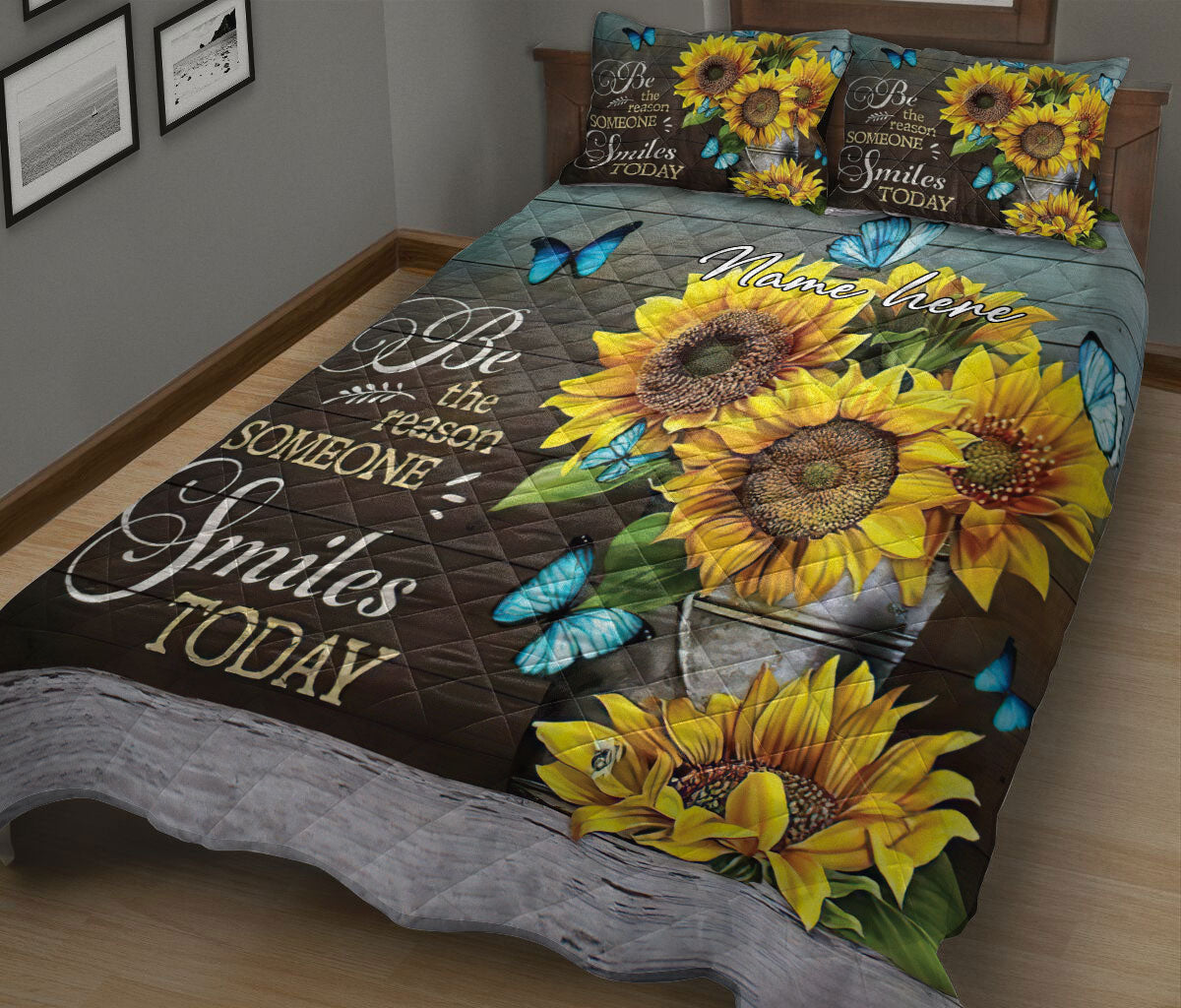 Ohaprints-Quilt-Bed-Set-Pillowcase-Sunflower-Blue-Butterfly-Flower-Lover-Gift-Idea-Wood-Custom-Personalized-Name-Blanket-Bedspread-Bedding-921-King (90'' x 100'')