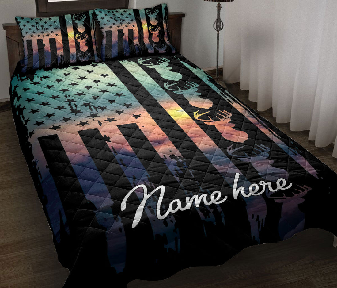 Ohaprints-Quilt-Bed-Set-Pillowcase-Buck-Hunter-Deer-Hunting-Lover-America-Us-Flag-Custom-Personalized-Name-Blanket-Bedspread-Bedding-2090-Throw (55'' x 60'')