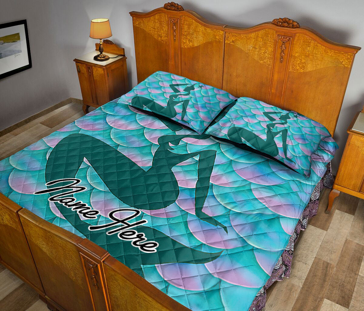 Ohaprints-Quilt-Bed-Set-Pillowcase-3D-Mermaid-Scale-Sea-Ocean-Beach-Lover-Gift-Blue-Custom-Personalized-Name-Blanket-Bedspread-Bedding-926-Queen (80'' x 90'')