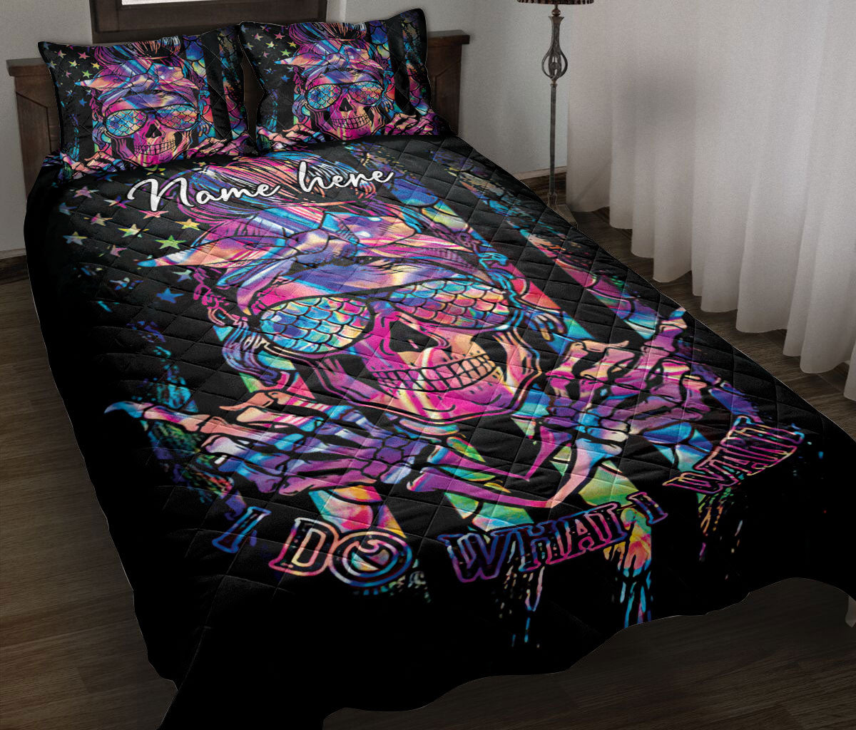 Ohaprints-Quilt-Bed-Set-Pillowcase-Skull-Skeleton-Girl-Mom-Mermaid-Scale-Us-Flag-Black-Custom-Personalized-Name-Blanket-Bedspread-Bedding-2092-Throw (55'' x 60'')