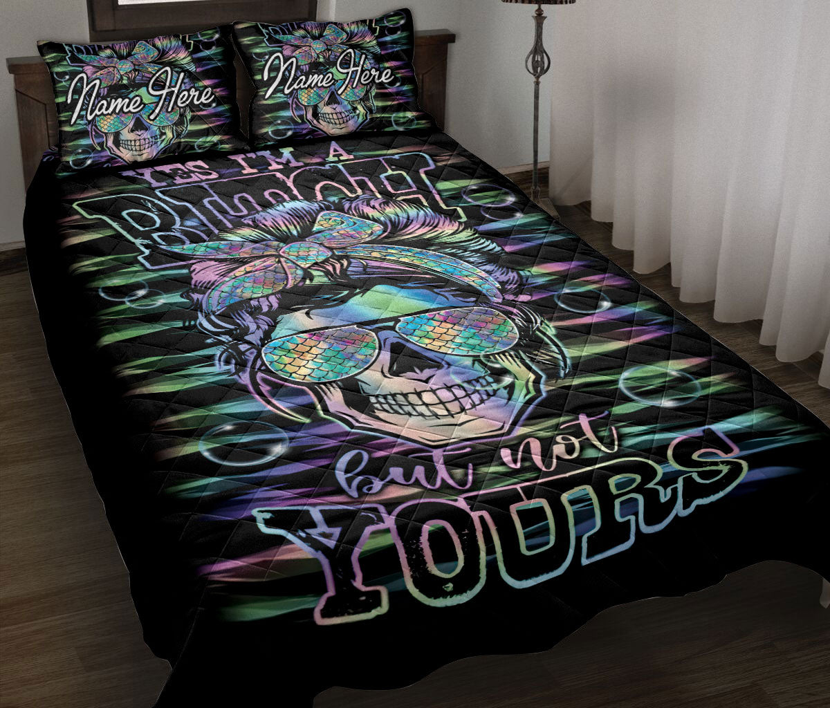 Ohaprints-Quilt-Bed-Set-Pillowcase-Skull-Skeleton-Girl-Mom-Mermaid-Scale-Hologram-Black-Custom-Personalized-Name-Blanket-Bedspread-Bedding-2687-Throw (55'' x 60'')