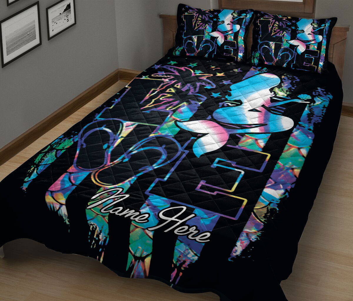 Ohaprints-Quilt-Bed-Set-Pillowcase-Sea-Ocean-Love-Mermaid-Scale-Black-Us-Flag-Hologram-Custom-Personalized-Name-Blanket-Bedspread-Bedding-928-King (90'' x 100'')