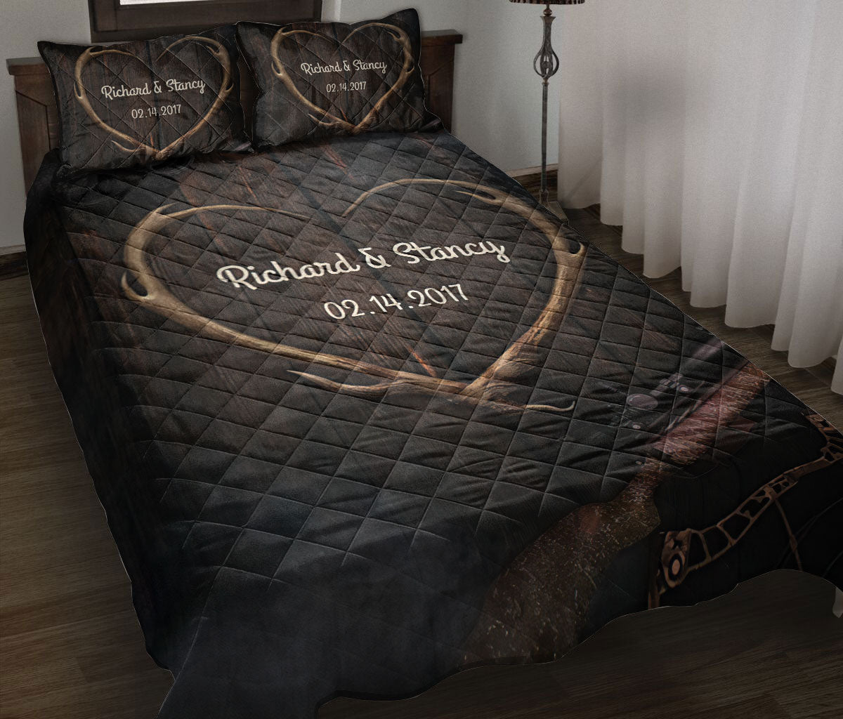 Ohaprints-Quilt-Bed-Set-Pillowcase-Deer-Antler-Heart-Vintage-Brown-Hunter-Couple-Hunting-Custom-Personalized-Name-Date-Blanket-Bedspread-Bedding-929-Throw (55'' x 60'')