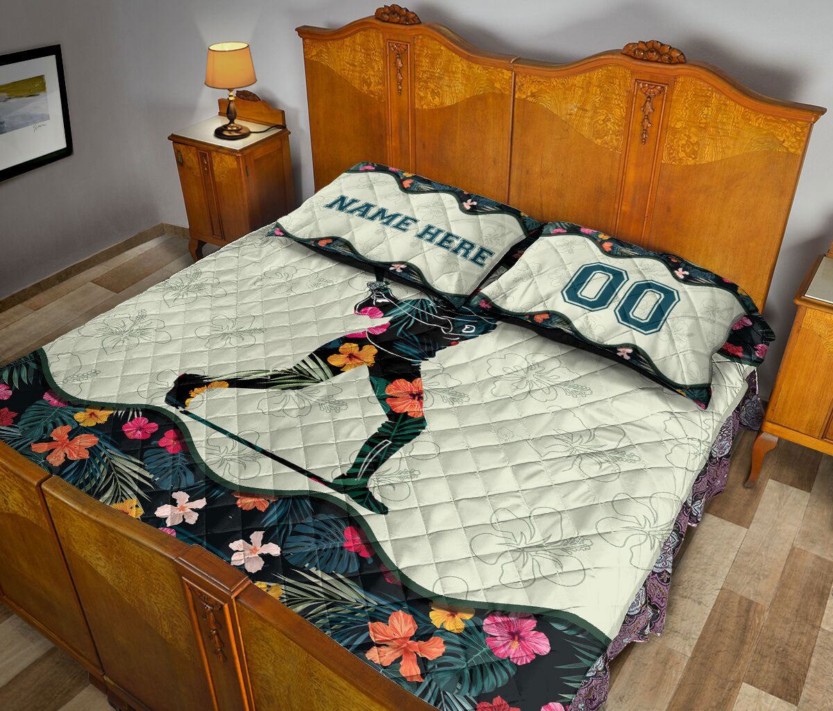 Ohaprints-Quilt-Bed-Set-Pillowcase-Baseball-Softball-Girl-Batter-Flower-Player-Custom-Personalized-Name-Number-Blanket-Bedspread-Bedding-1760-King (90'' x 100'')