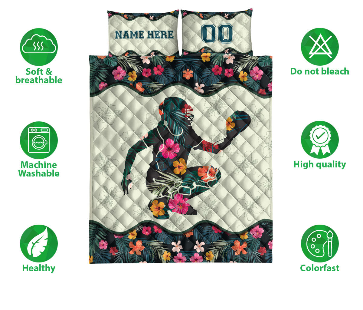 Ohaprints-Quilt-Bed-Set-Pillowcase-Baseball-Softball-Girl-Catcher-Flower-Player-Custom-Personalized-Name-Number-Blanket-Bedspread-Bedding-2349-Double (70'' x 80'')