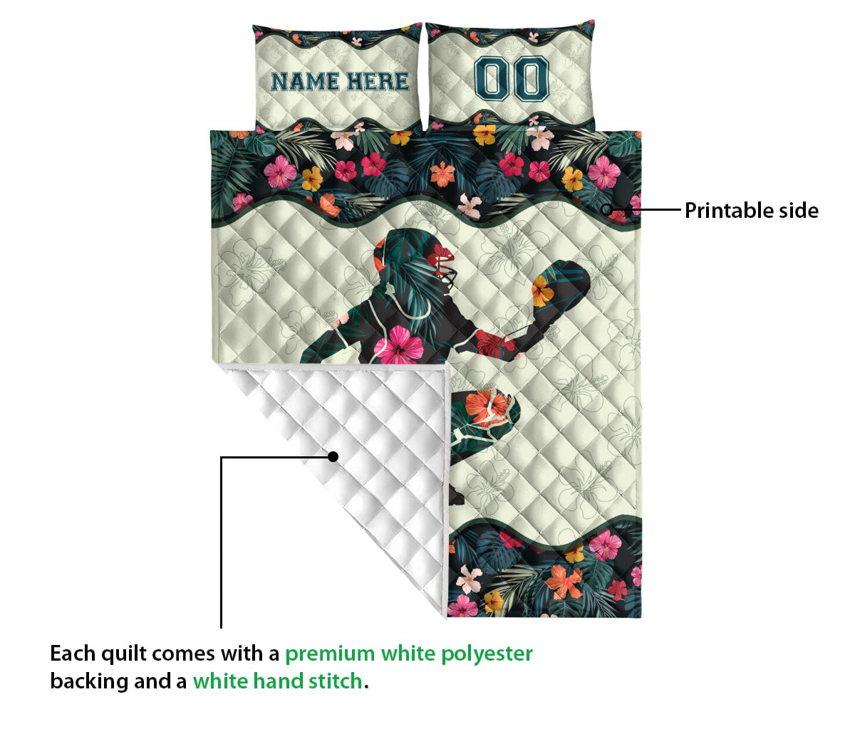 Ohaprints-Quilt-Bed-Set-Pillowcase-Baseball-Softball-Girl-Catcher-Flower-Player-Custom-Personalized-Name-Number-Blanket-Bedspread-Bedding-2349-Queen (80'' x 90'')