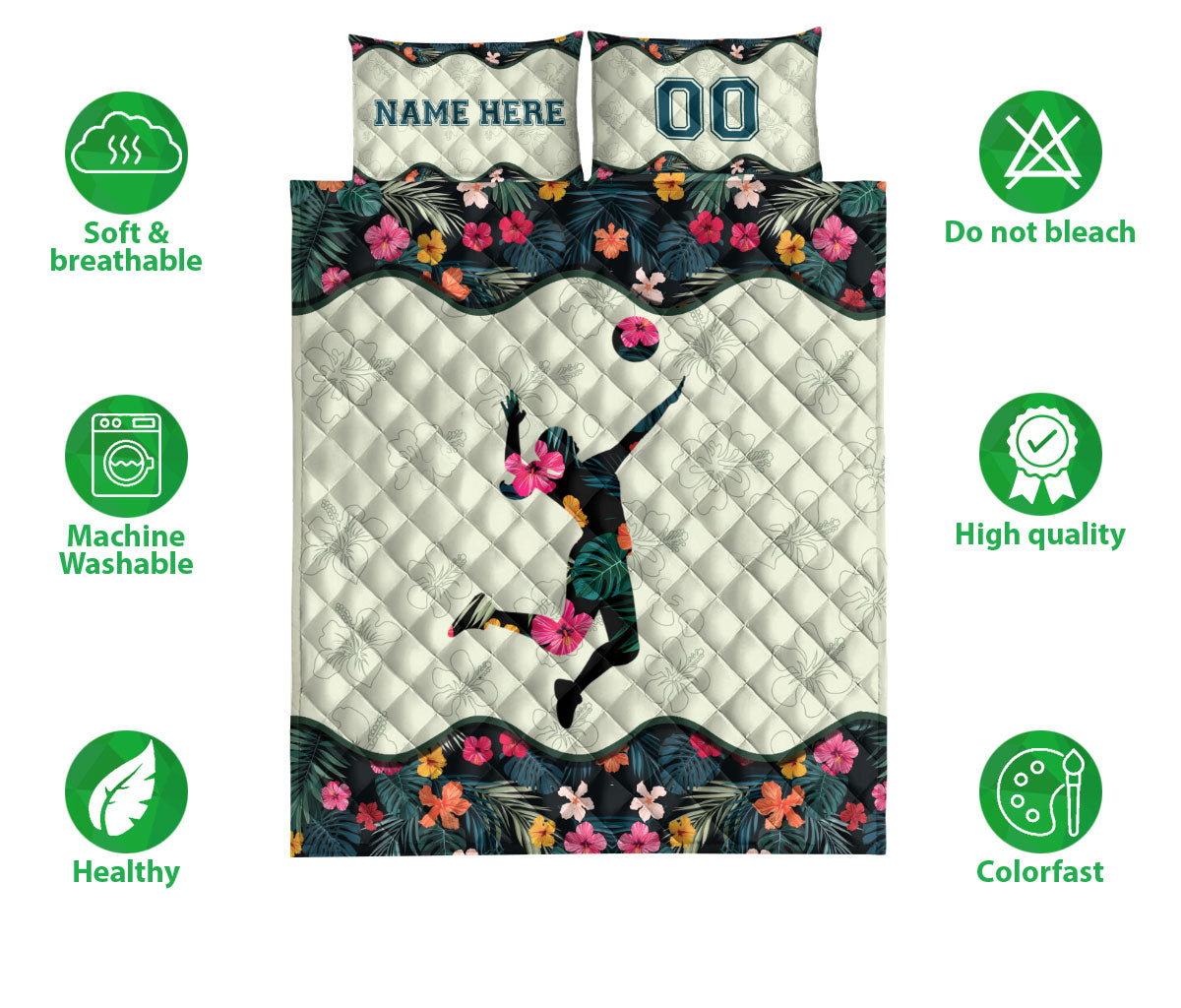 Ohaprints-Quilt-Bed-Set-Pillowcase-Volleyball-Girl-Player-Fan-Flower-Gift-Idea-Custom-Personalized-Name-Number-Blanket-Bedspread-Bedding-589-Double (70'' x 80'')