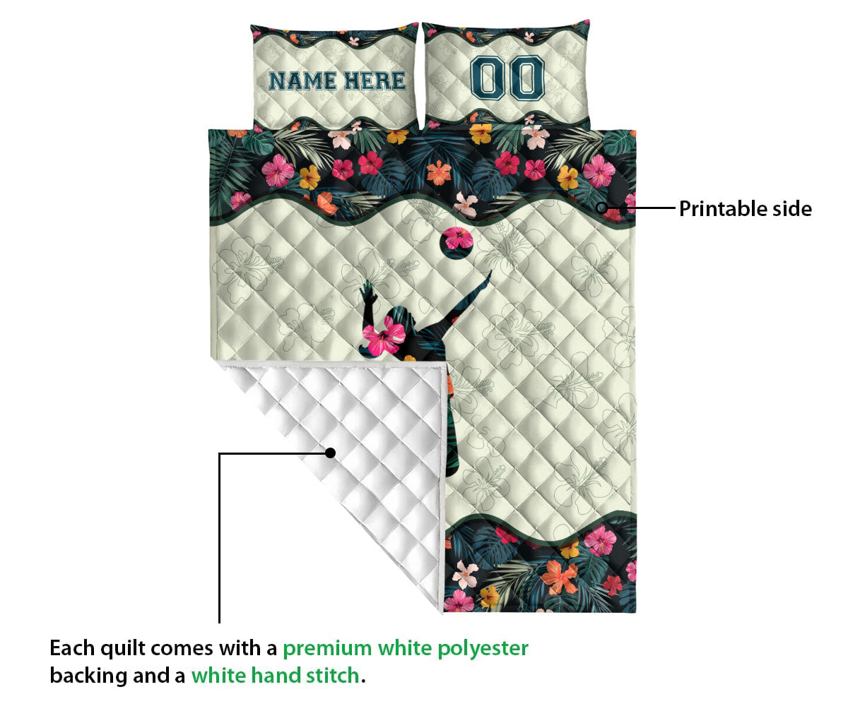 Ohaprints-Quilt-Bed-Set-Pillowcase-Volleyball-Girl-Player-Fan-Flower-Gift-Idea-Custom-Personalized-Name-Number-Blanket-Bedspread-Bedding-589-Queen (80'' x 90'')