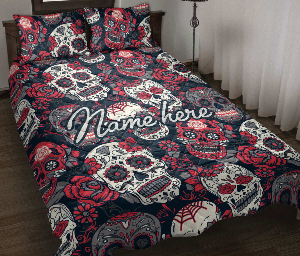 Ohaprints-Quilt-Bed-Set-Pillowcase-Calavera-Sugar-Skull-Rose-Flower-Unique-Gift-Idea-Custom-Personalized-Name-Blanket-Bedspread-Bedding-1762-Throw (55'' x 60'')