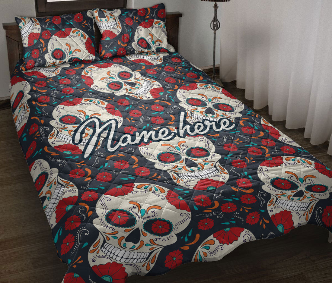 Ohaprints-Quilt-Bed-Set-Pillowcase-Floral-Calavera-Sugar-Skull-Rose-Flower-Unique-Idea-Custom-Personalized-Name-Blanket-Bedspread-Bedding-2351-Throw (55'' x 60'')