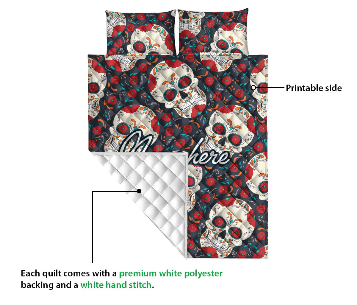 Ohaprints-Quilt-Bed-Set-Pillowcase-Floral-Calavera-Sugar-Skull-Rose-Flower-Unique-Idea-Custom-Personalized-Name-Blanket-Bedspread-Bedding-2351-Queen (80'' x 90'')