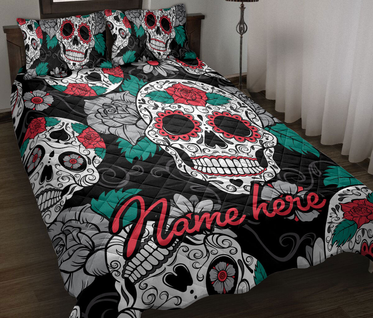 Ohaprints-Quilt-Bed-Set-Pillowcase-Calavera-Sugar-Skull-Rose-Flower-Unique-Idea-Black-Custom-Personalized-Name-Blanket-Bedspread-Bedding-2944-Throw (55'' x 60'')