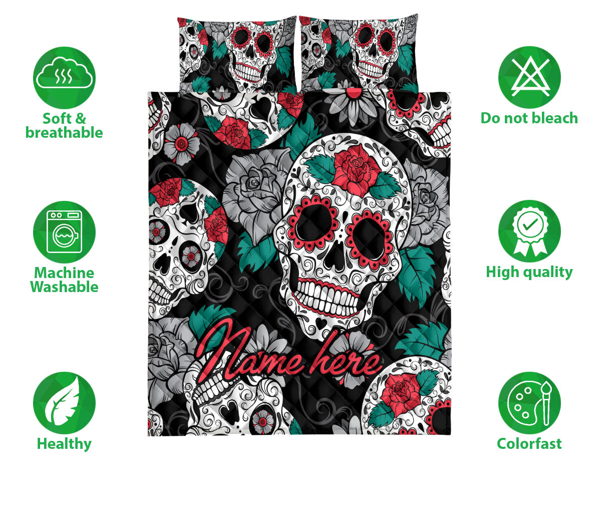 Ohaprints-Quilt-Bed-Set-Pillowcase-Calavera-Sugar-Skull-Rose-Flower-Unique-Idea-Black-Custom-Personalized-Name-Blanket-Bedspread-Bedding-2944-Double (70'' x 80'')