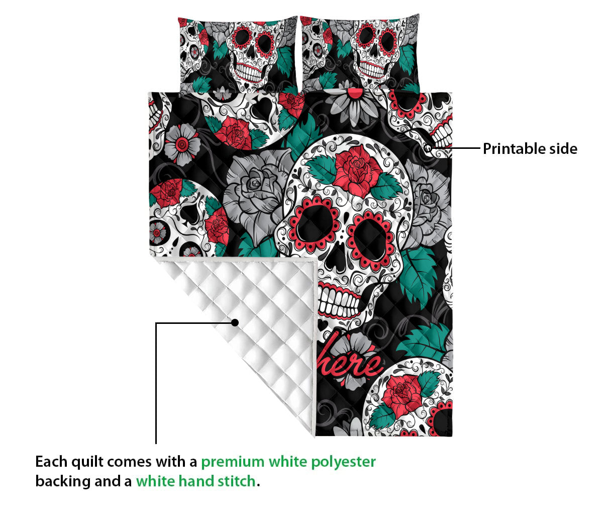 Ohaprints-Quilt-Bed-Set-Pillowcase-Calavera-Sugar-Skull-Rose-Flower-Unique-Idea-Black-Custom-Personalized-Name-Blanket-Bedspread-Bedding-2944-Queen (80'' x 90'')