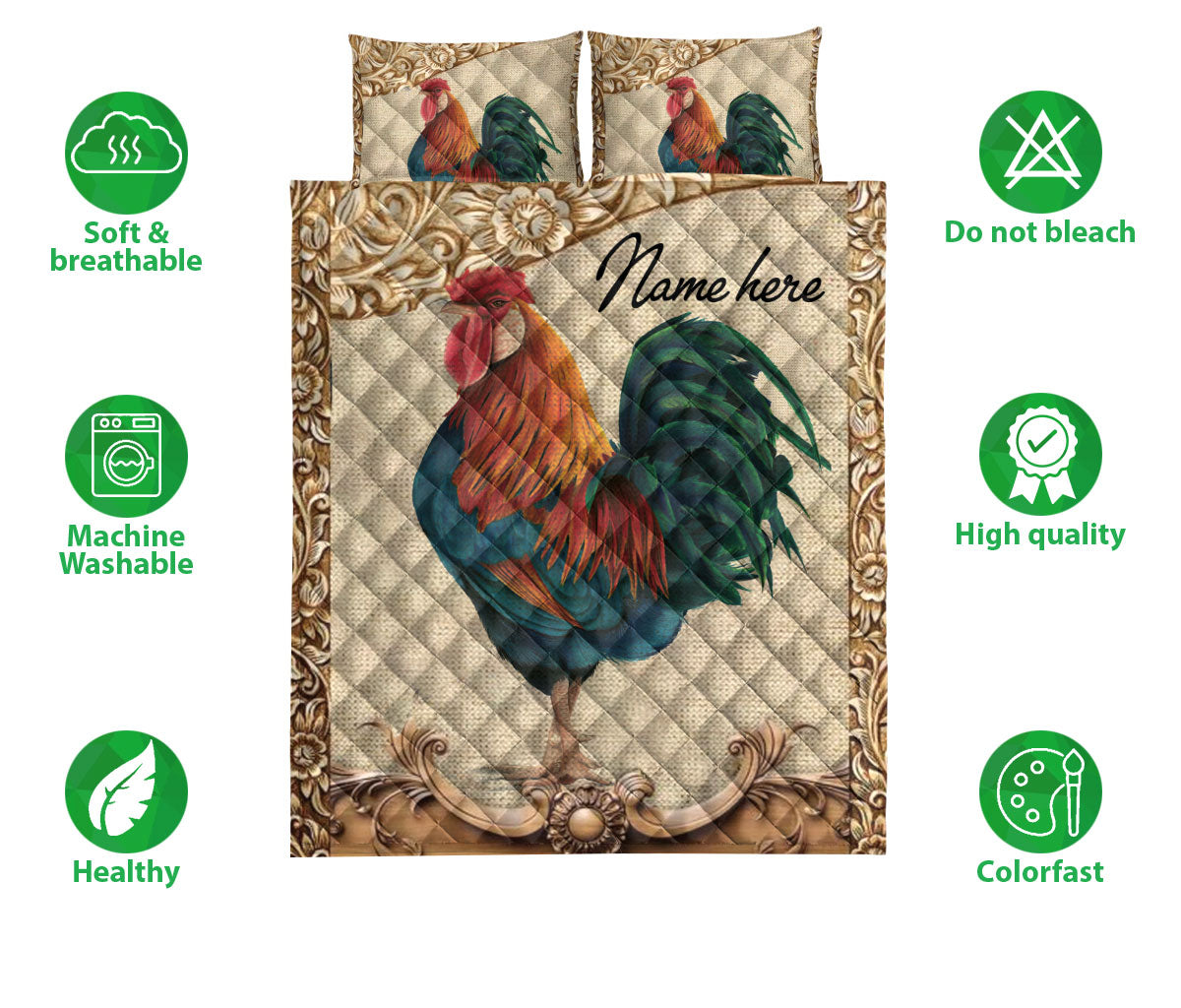 Ohaprints-Quilt-Bed-Set-Pillowcase-Rooster-Chicken-Farm-Animal-Vintage-Farmer-Idea-Custom-Personalized-Name-Blanket-Bedspread-Bedding-1177-Double (70'' x 80'')