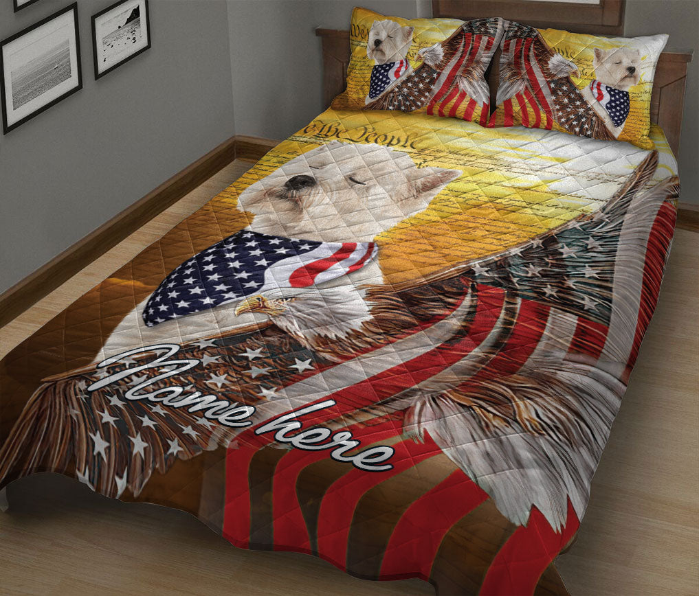 Ohaprints-Quilt-Bed-Set-Pillowcase-Westie-West-Highland-Terrier-Dog-American-Eagle-Flag-Custom-Personalized-Name-Blanket-Bedspread-Bedding-2616-King (90'' x 100'')