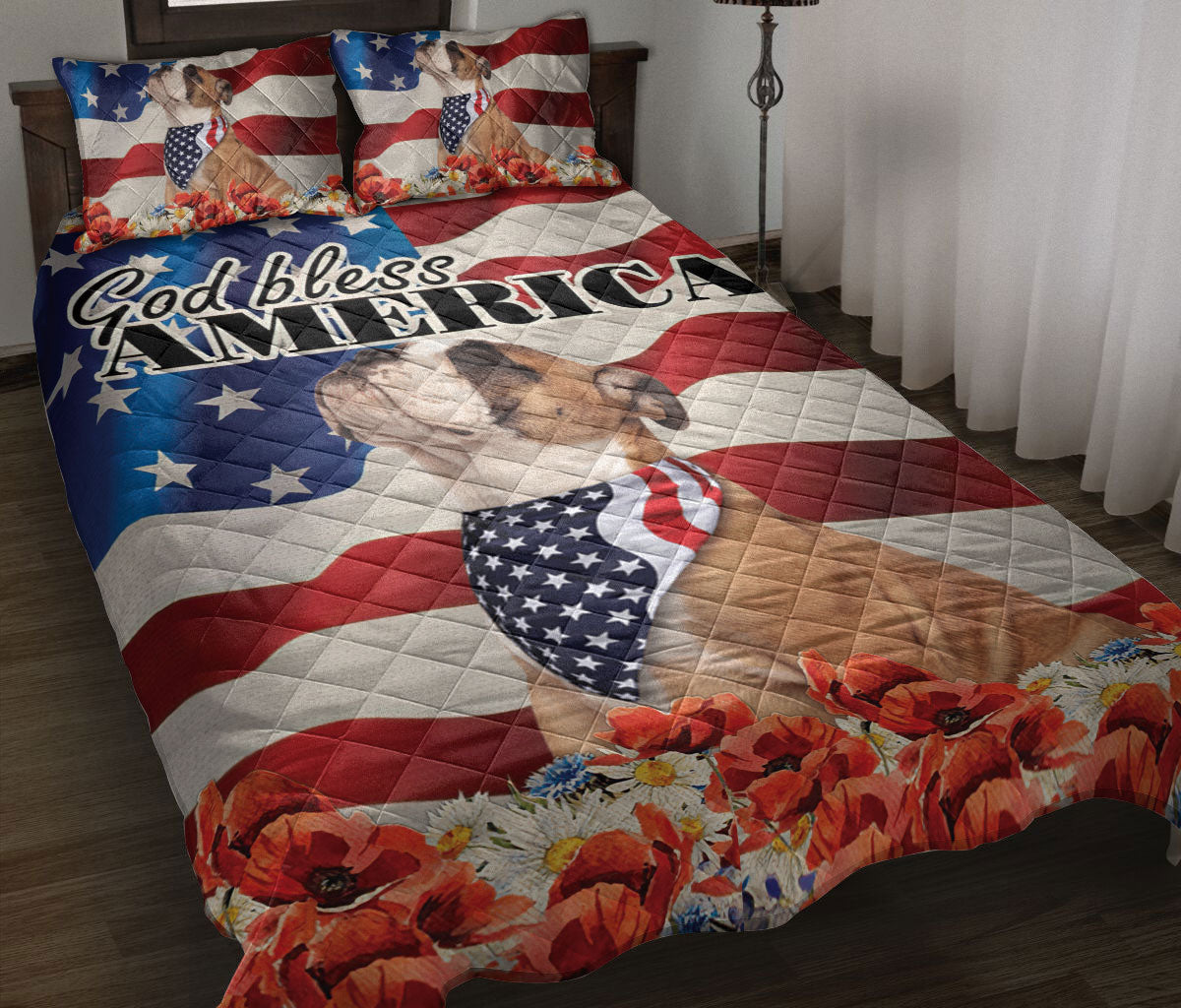 Ohaprints-Quilt-Bed-Set-Pillowcase-English-Bulldog-Patriotic-Dog-Lover-God-Bless-America-Us-Flag-Blanket-Bedspread-Bedding-2617-Throw (55'' x 60'')