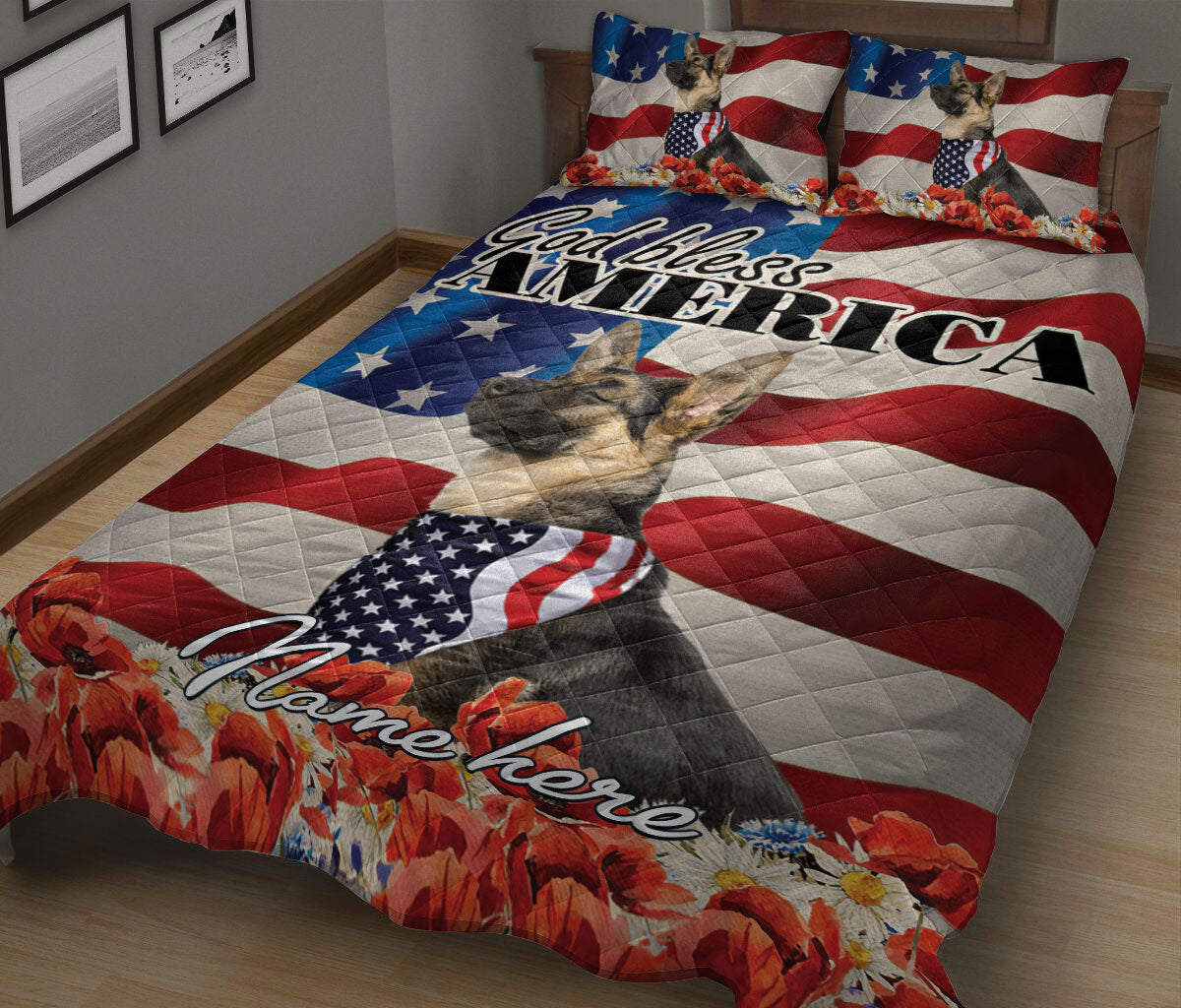 Ohaprints-Quilt-Bed-Set-Pillowcase-German-Shepherd-Dog-Lover-God-Bless-America-Us-Flag-Custom-Personalized-Name-Blanket-Bedspread-Bedding-858-King (90'' x 100'')