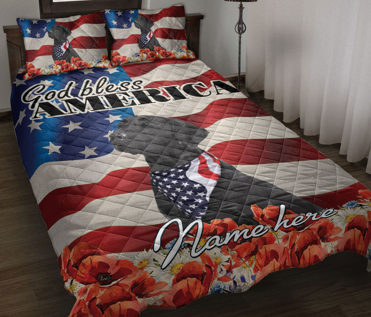 Ohaprints-Quilt-Bed-Set-Pillowcase-Black-Labrador-Dog-Lover-God-Bless-America-Us-Flag-Custom-Personalized-Name-Blanket-Bedspread-Bedding-1438-Throw (55'' x 60'')