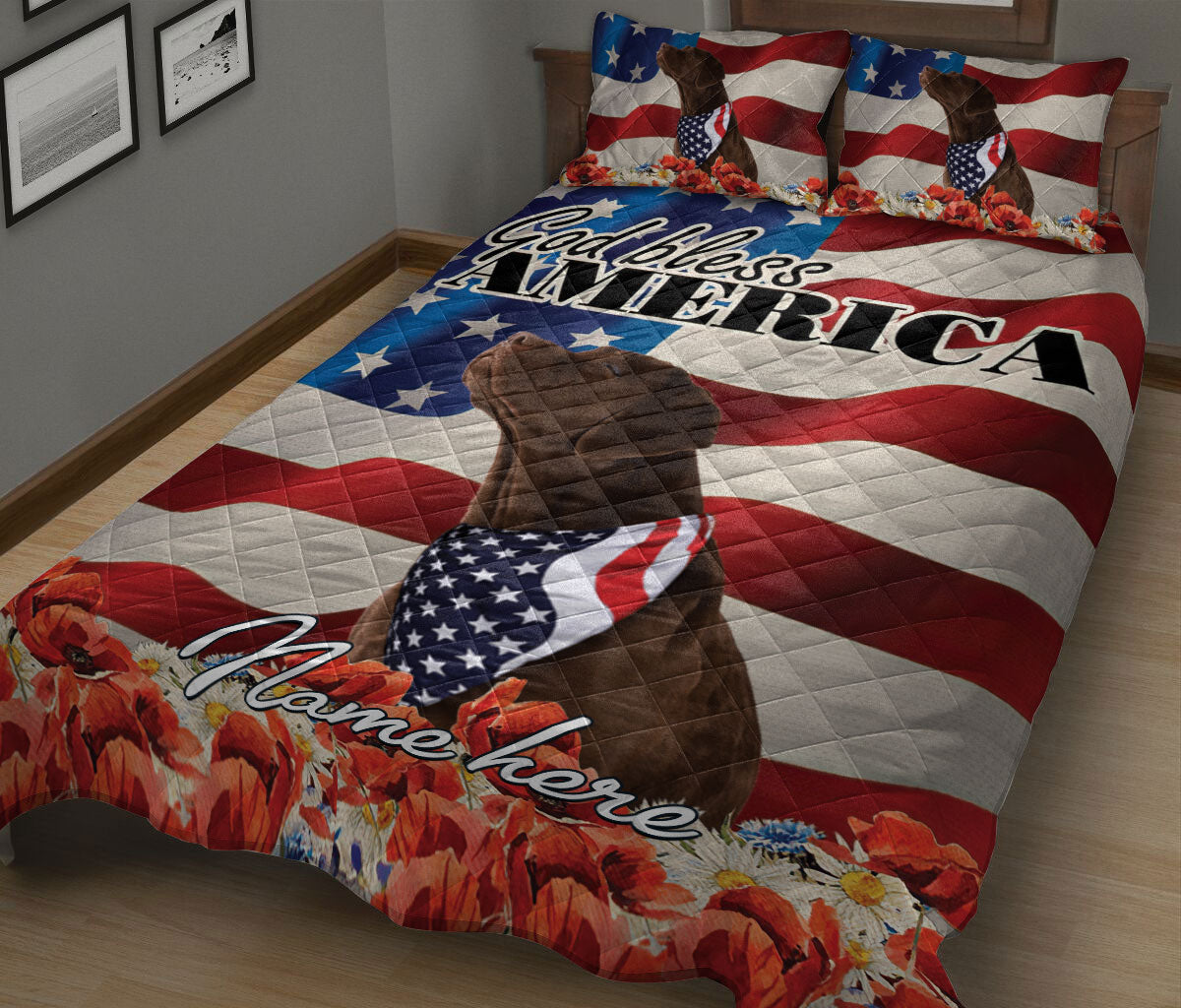 Ohaprints-Quilt-Bed-Set-Pillowcase-Chocolate-Labrador-Dog-Lover-God-Bless-America-Flag-Custom-Personalized-Name-Blanket-Bedspread-Bedding-2024-King (90'' x 100'')