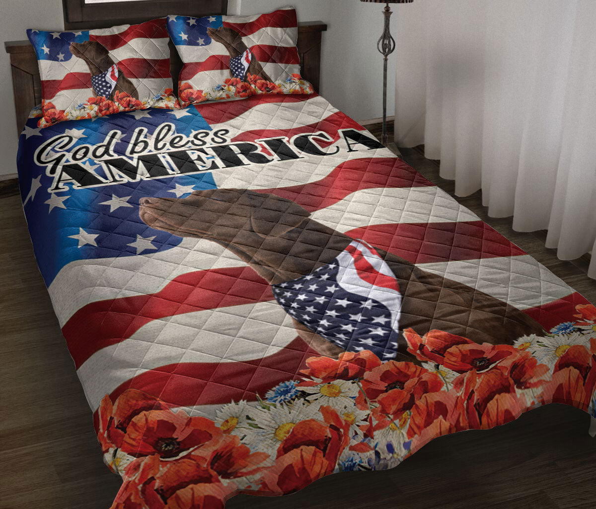 Ohaprints-Quilt-Bed-Set-Pillowcase-Chocolate-Labrador-Patriotic-Dog-Lover-God-Bless-America-Us-Flag-Blanket-Bedspread-Bedding-1777-Throw (55'' x 60'')