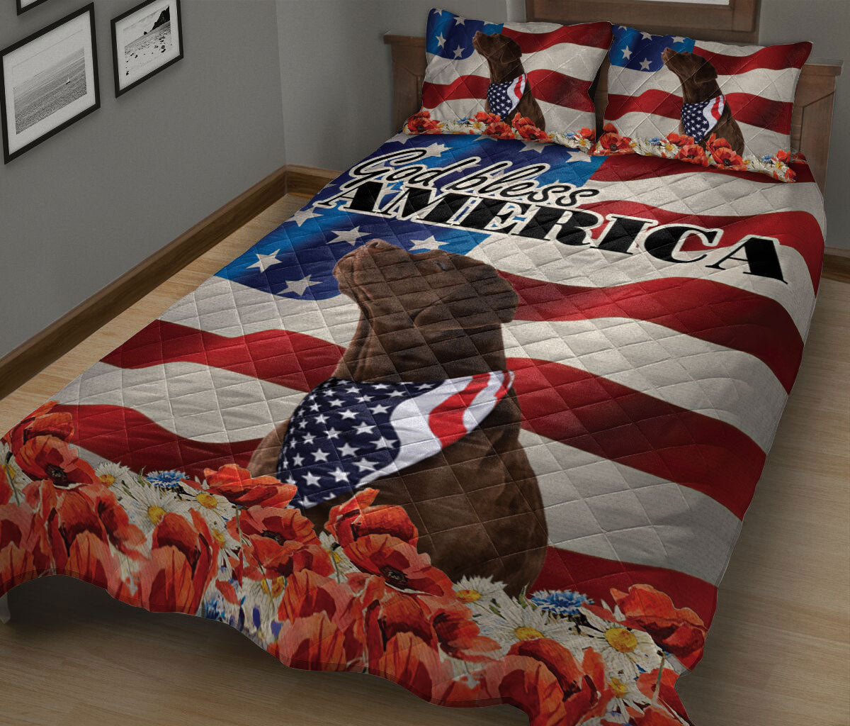 Ohaprints-Quilt-Bed-Set-Pillowcase-Chocolate-Labrador-Patriotic-Dog-Lover-God-Bless-America-Us-Flag-Blanket-Bedspread-Bedding-1777-King (90'' x 100'')