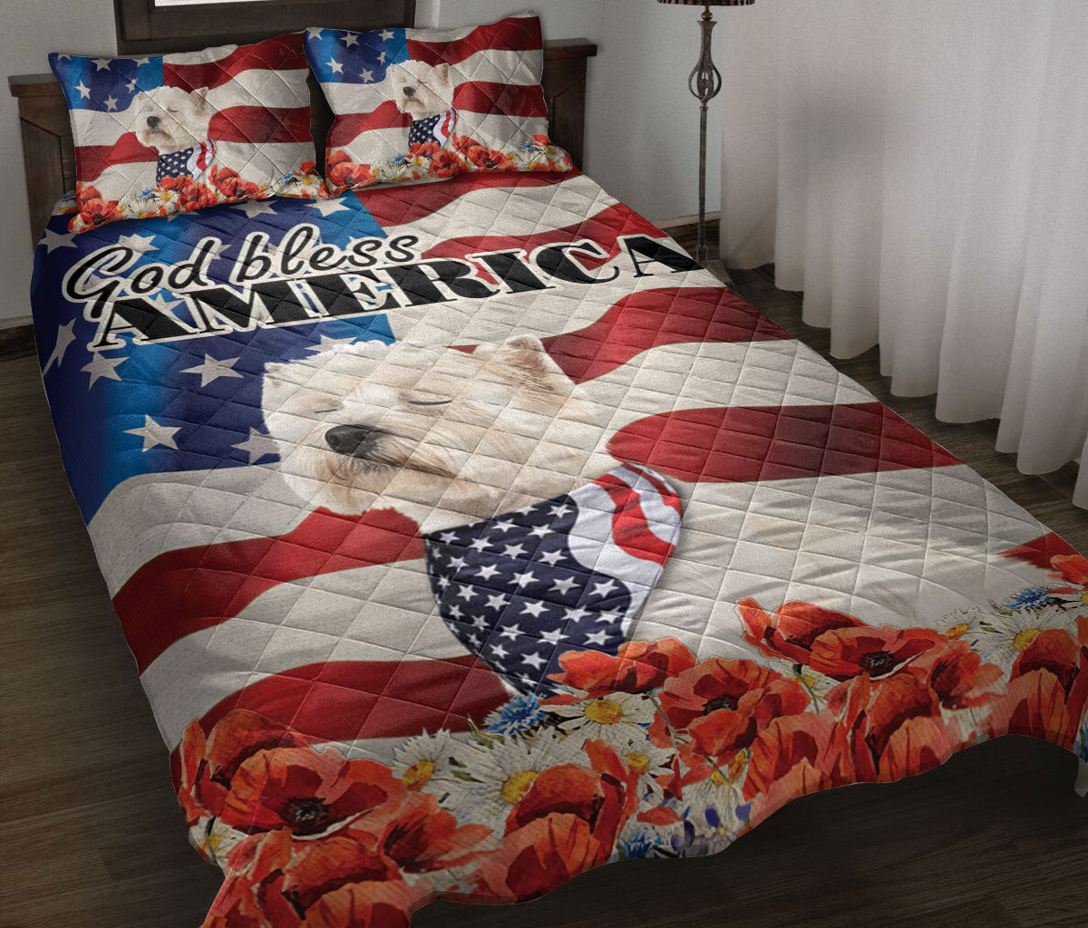 Ohaprints-Quilt-Bed-Set-Pillowcase-Westie-West-Highland-White-Terrier-Patriotic-Dog-Lover-God-Bless-America-Flag-Blanket-Bedspread-Bedding-742-Throw (55'' x 60'')