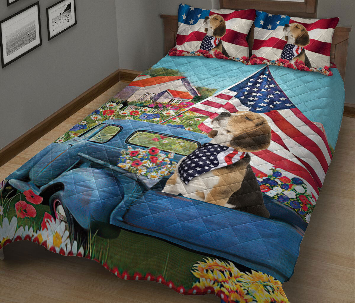 Ohaprints-Quilt-Bed-Set-Pillowcase-Beagle-In-Car-Patriotic-Dog-Lover-America-Us-Flag-Flower-Spring-Country-Road-Blanket-Bedspread-Bedding-2025-King (90'' x 100'')