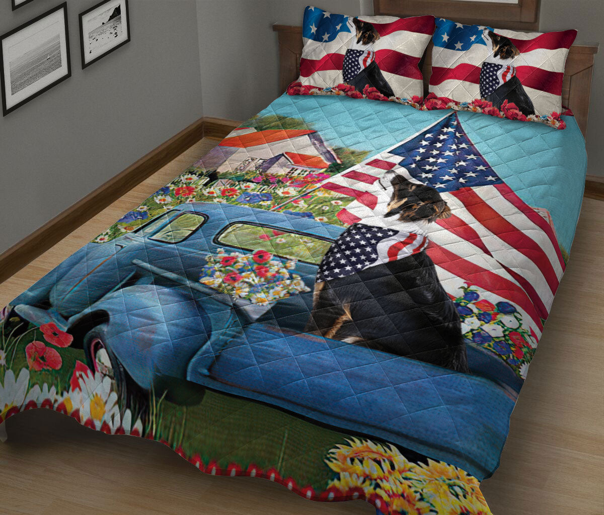 Ohaprints-Quilt-Bed-Set-Pillowcase-Border-Collie-In-Car-Patriotic-Dog-Lover-America-Us-Flag-Flower-Country-Road-Blanket-Bedspread-Bedding-2619-King (90'' x 100'')