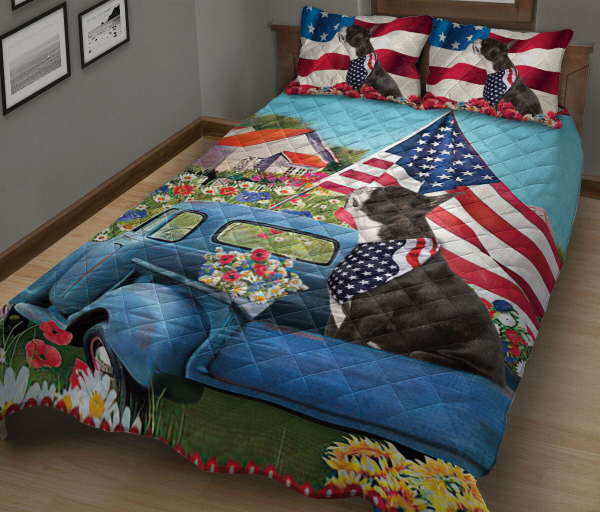 Ohaprints-Quilt-Bed-Set-Pillowcase-Boston-Terrier-In-Car-Patriotic-Dog-America-Us-Flag-Flower-Spring-Country-Road-Blanket-Bedspread-Bedding-269-King (90'' x 100'')