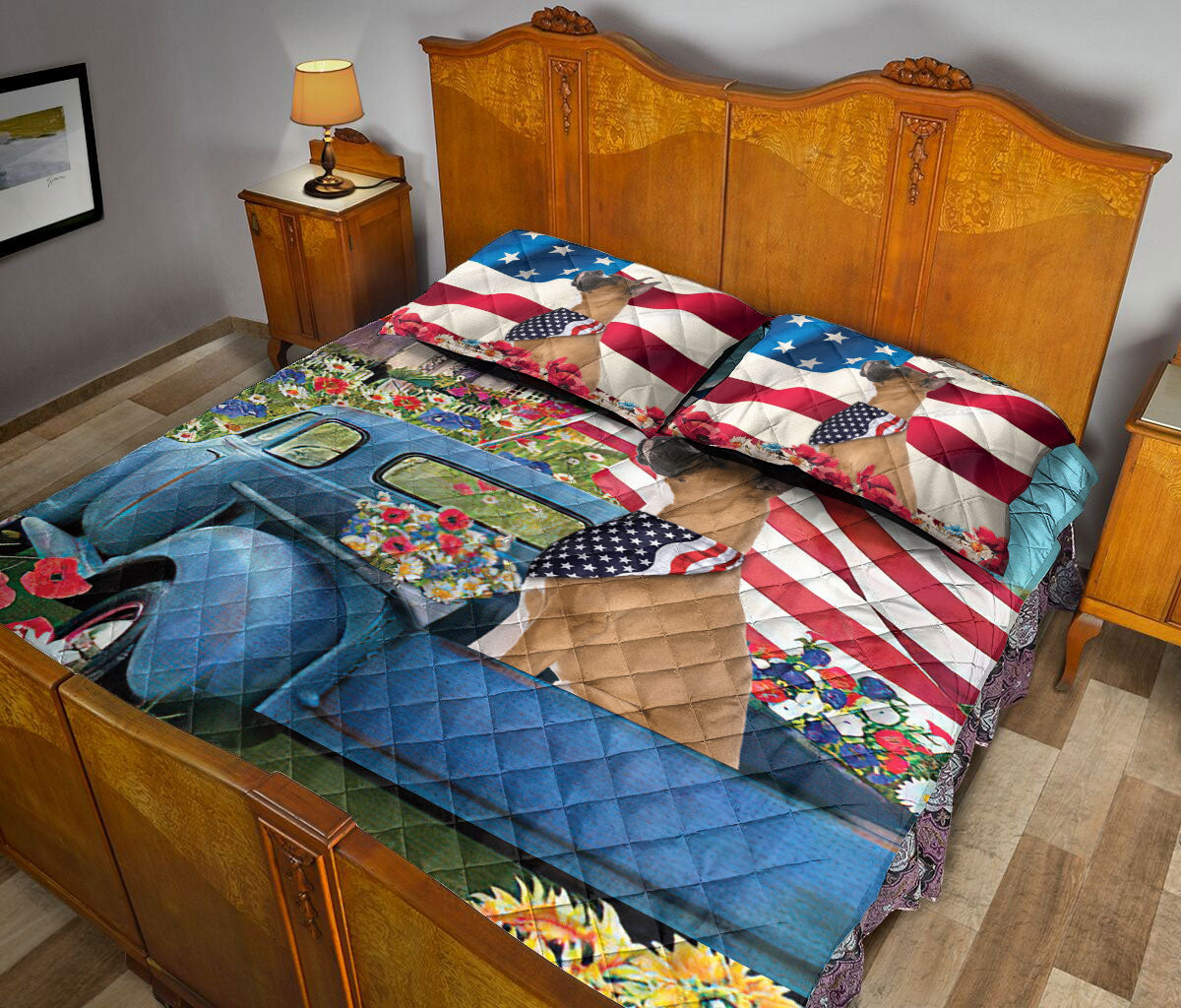 Ohaprints-Quilt-Bed-Set-Pillowcase-Boxer-In-Car-Patriotic-Dog-Lover-America-Us-Flag-Flower-Spring-Country-Road-Blanket-Bedspread-Bedding-860-Queen (80'' x 90'')