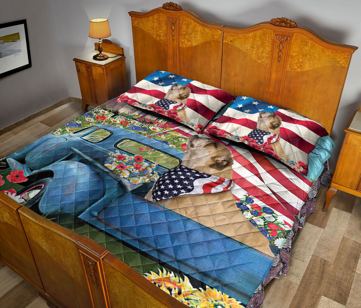 Ohaprints-Quilt-Bed-Set-Pillowcase-Bulldog-In-Car-Patriotic-Dog-Lover-America-Us-Flag-Flower-Spring-Country-Road-Blanket-Bedspread-Bedding-1440-Queen (80'' x 90'')