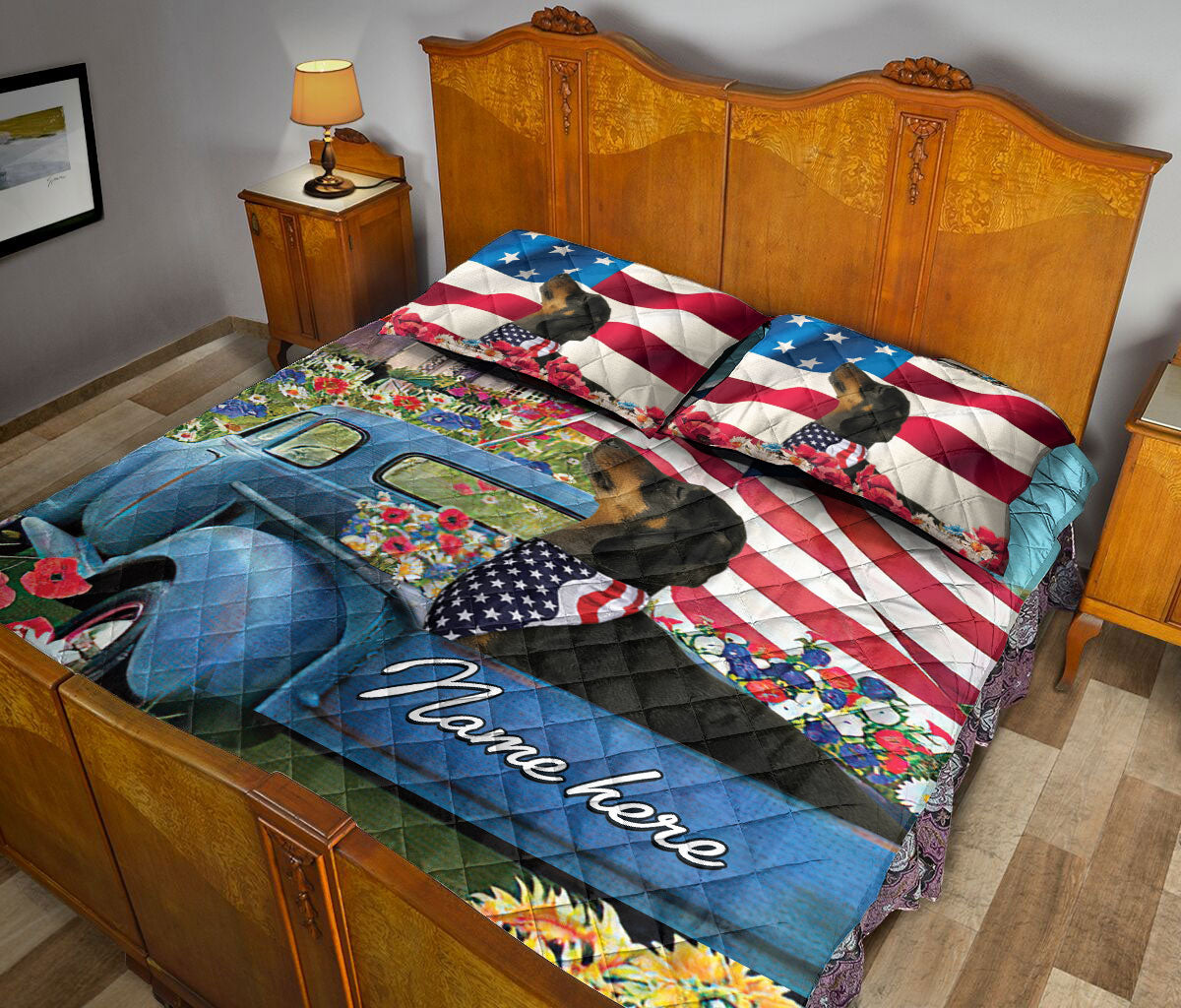 Ohaprints-Quilt-Bed-Set-Pillowcase-Dachshund-Patriotic-Dog-Lover-America-Us-Flag-Flower-Custom-Personalized-Name-Blanket-Bedspread-Bedding-1778-Queen (80'' x 90'')