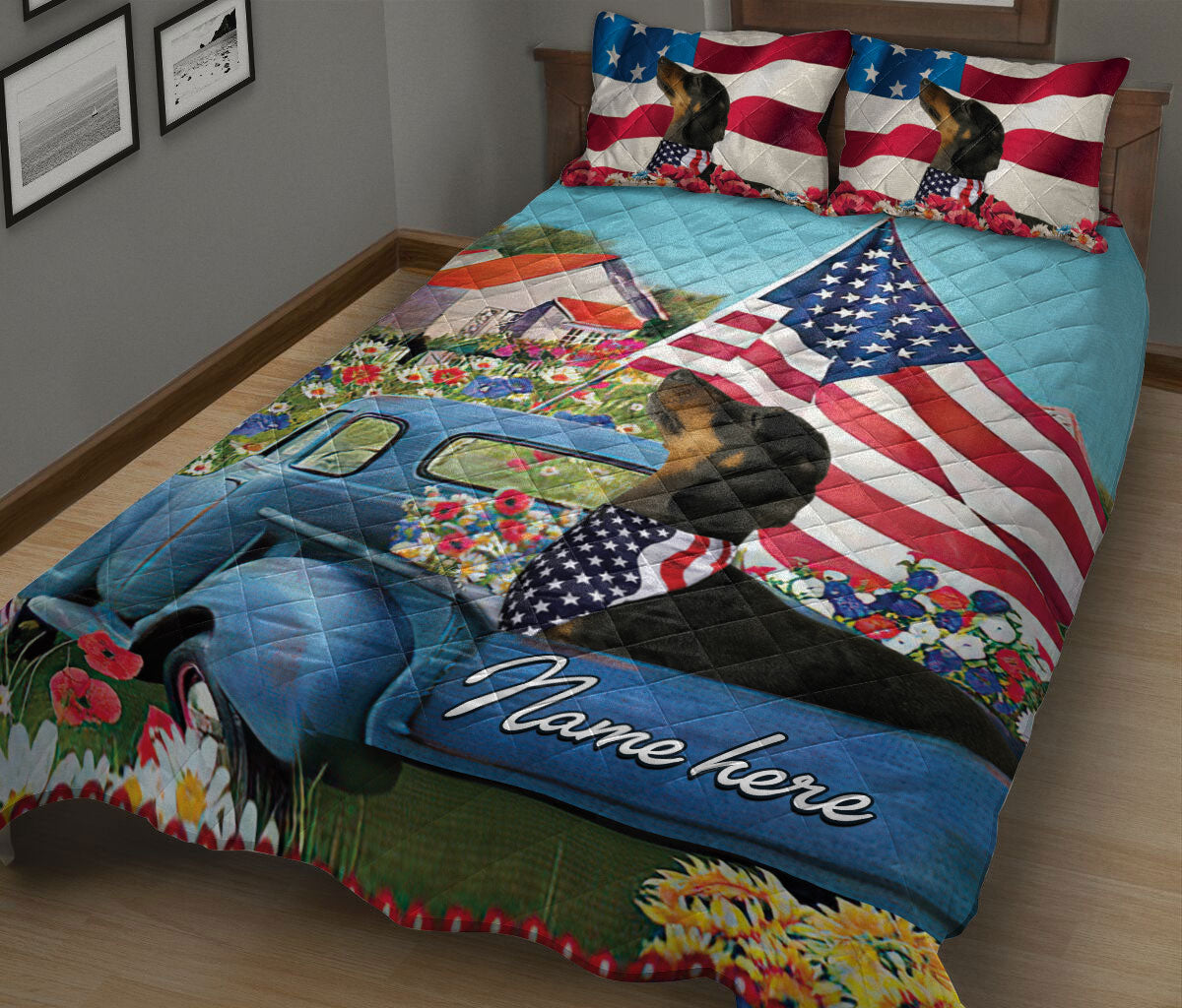 Ohaprints-Quilt-Bed-Set-Pillowcase-Dachshund-Patriotic-Dog-Lover-America-Us-Flag-Flower-Custom-Personalized-Name-Blanket-Bedspread-Bedding-1778-King (90'' x 100'')