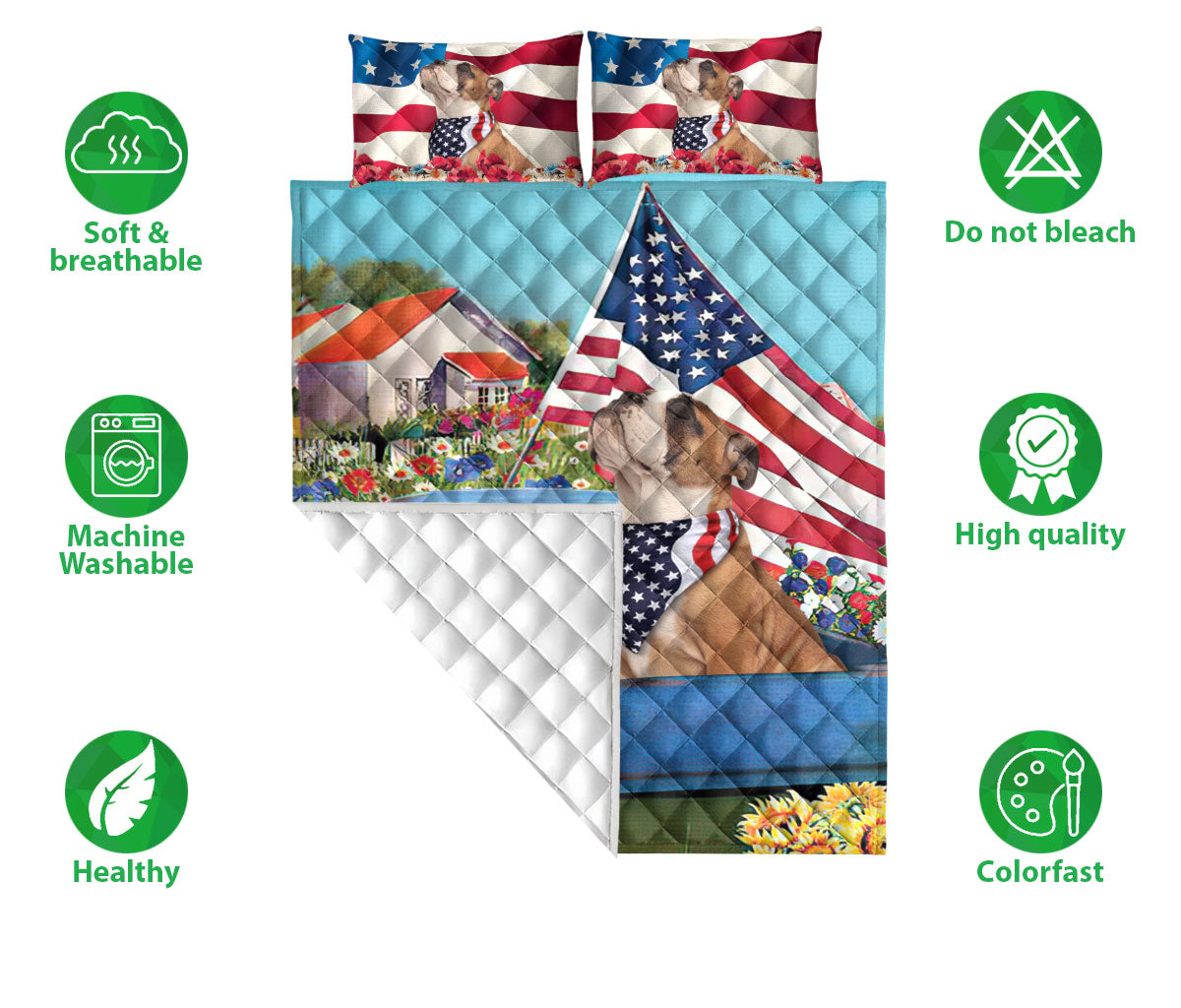 Ohaprints-Quilt-Bed-Set-Pillowcase-English-Bulldog-Car-Patriotic-Dog-America-Us-Flag-Flower-Spring-Country-Road-Blanket-Bedspread-Bedding-2620-Double (70'' x 80'')