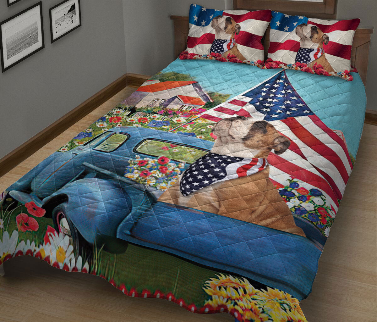 Ohaprints-Quilt-Bed-Set-Pillowcase-English-Bulldog-Car-Patriotic-Dog-America-Us-Flag-Flower-Spring-Country-Road-Blanket-Bedspread-Bedding-2620-King (90'' x 100'')