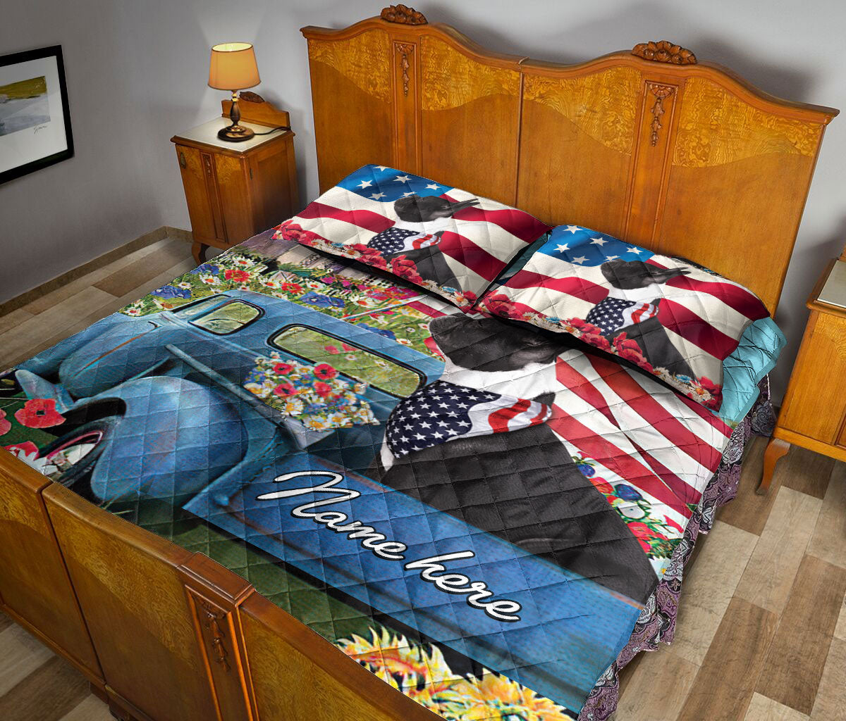 Ohaprints-Quilt-Bed-Set-Pillowcase-French-Bulldog-Car-Patriotic-Dog-America-Flag-Flower-Custom-Personalized-Name-Blanket-Bedspread-Bedding-2367-Queen (80'' x 90'')