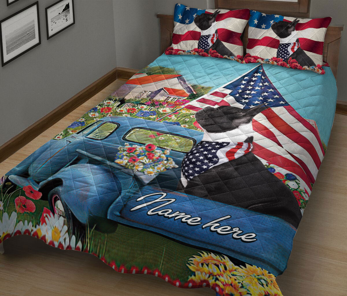 Ohaprints-Quilt-Bed-Set-Pillowcase-French-Bulldog-Car-Patriotic-Dog-America-Flag-Flower-Custom-Personalized-Name-Blanket-Bedspread-Bedding-2367-King (90'' x 100'')