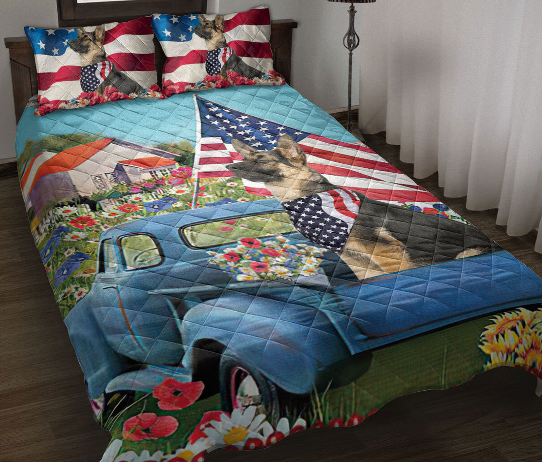 Ohaprints-Quilt-Bed-Set-Pillowcase-German-Shepherd-In-Car-Patriotic-Dog-Lover-America-Us-Flag-Flower-Spring-Blanket-Bedspread-Bedding-1441-Throw (55'' x 60'')