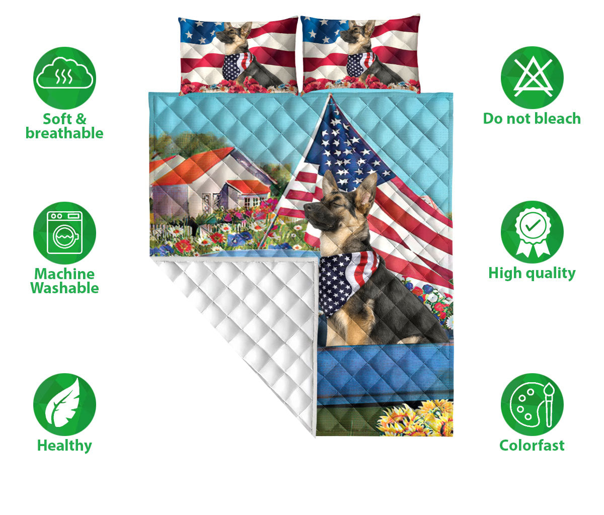 Ohaprints-Quilt-Bed-Set-Pillowcase-German-Shepherd-In-Car-Patriotic-Dog-Lover-America-Us-Flag-Flower-Spring-Blanket-Bedspread-Bedding-1441-Double (70'' x 80'')