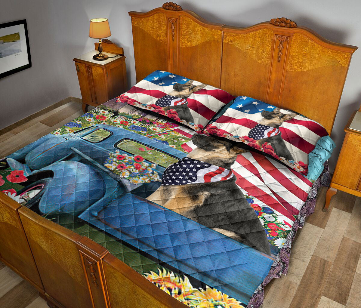 Ohaprints-Quilt-Bed-Set-Pillowcase-German-Shepherd-In-Car-Patriotic-Dog-Lover-America-Us-Flag-Flower-Spring-Blanket-Bedspread-Bedding-1441-Queen (80'' x 90'')