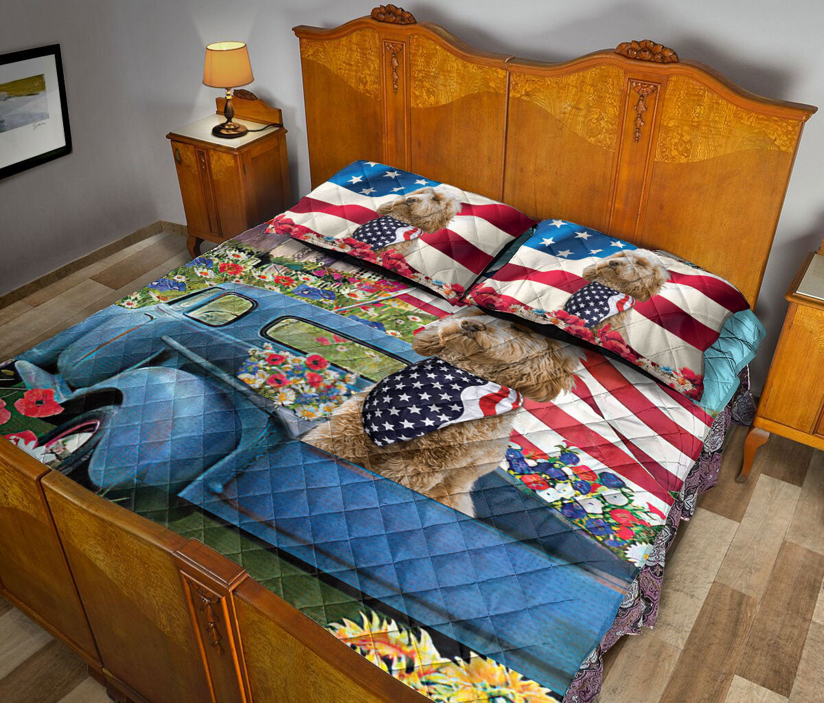 Ohaprints-Quilt-Bed-Set-Pillowcase-Golden-Doodle-Patriotic-Dog-Lover-America-Us-Flag-Flower-Spring-Country-Road-Blanket-Bedspread-Bedding-2027-Queen (80'' x 90'')