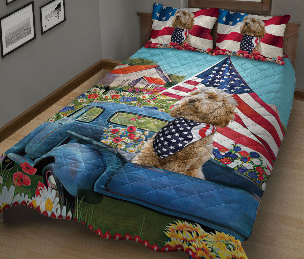 Ohaprints-Quilt-Bed-Set-Pillowcase-Golden-Doodle-Patriotic-Dog-Lover-America-Us-Flag-Flower-Spring-Country-Road-Blanket-Bedspread-Bedding-2027-King (90'' x 100'')