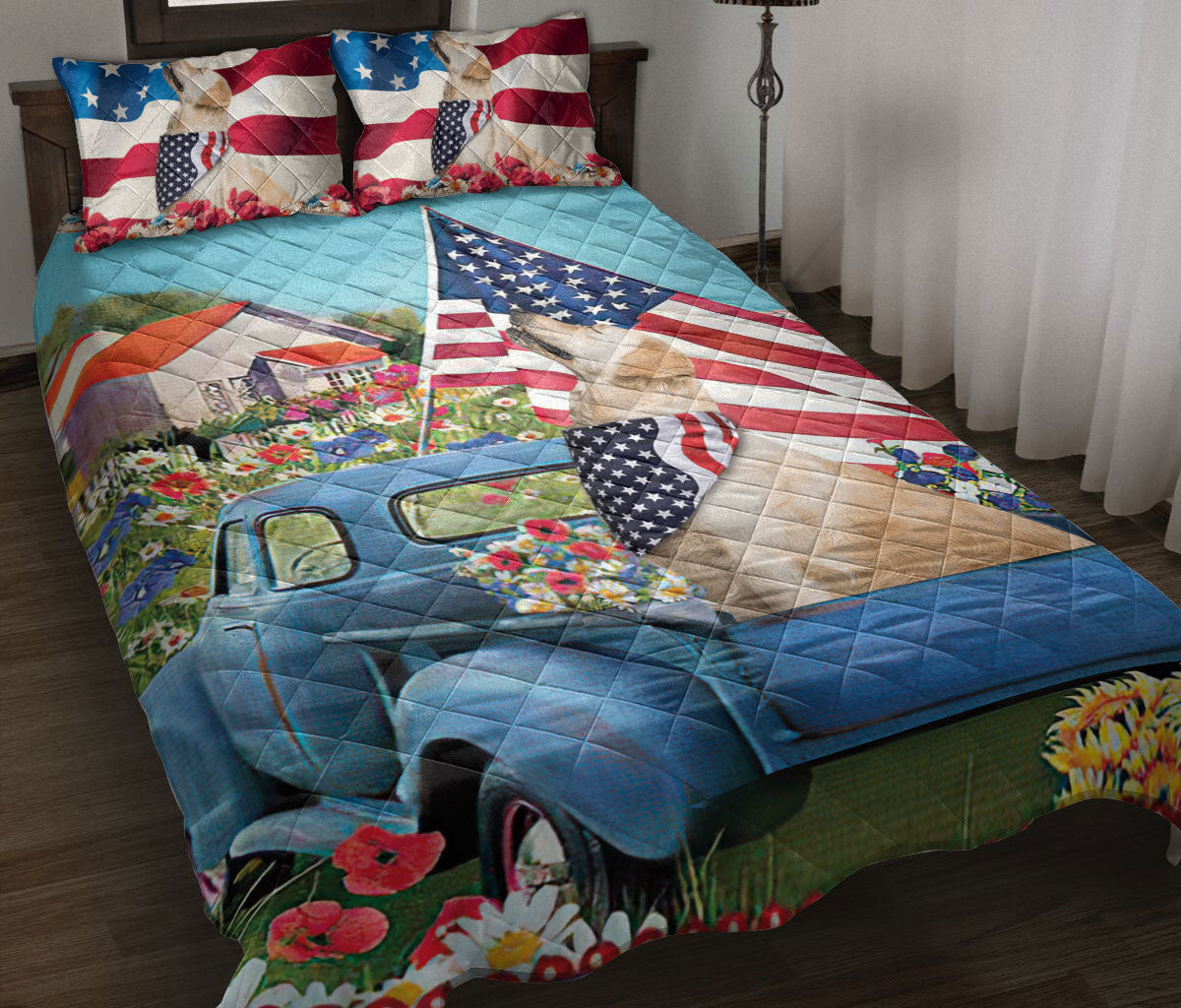 Ohaprints-Quilt-Bed-Set-Pillowcase-Golden-Retriever-Patriotic-Dog-Lover-America-Flag-Flower-Spring-Country-Road-Blanket-Bedspread-Bedding-2621-Throw (55'' x 60'')