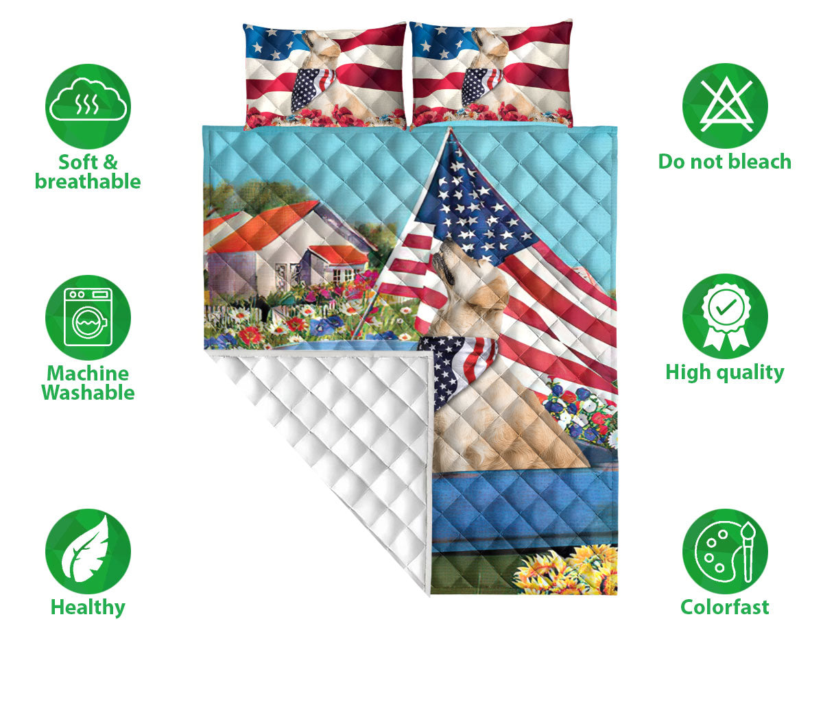 Ohaprints-Quilt-Bed-Set-Pillowcase-Golden-Retriever-Patriotic-Dog-Lover-America-Flag-Flower-Spring-Country-Road-Blanket-Bedspread-Bedding-2621-Double (70'' x 80'')