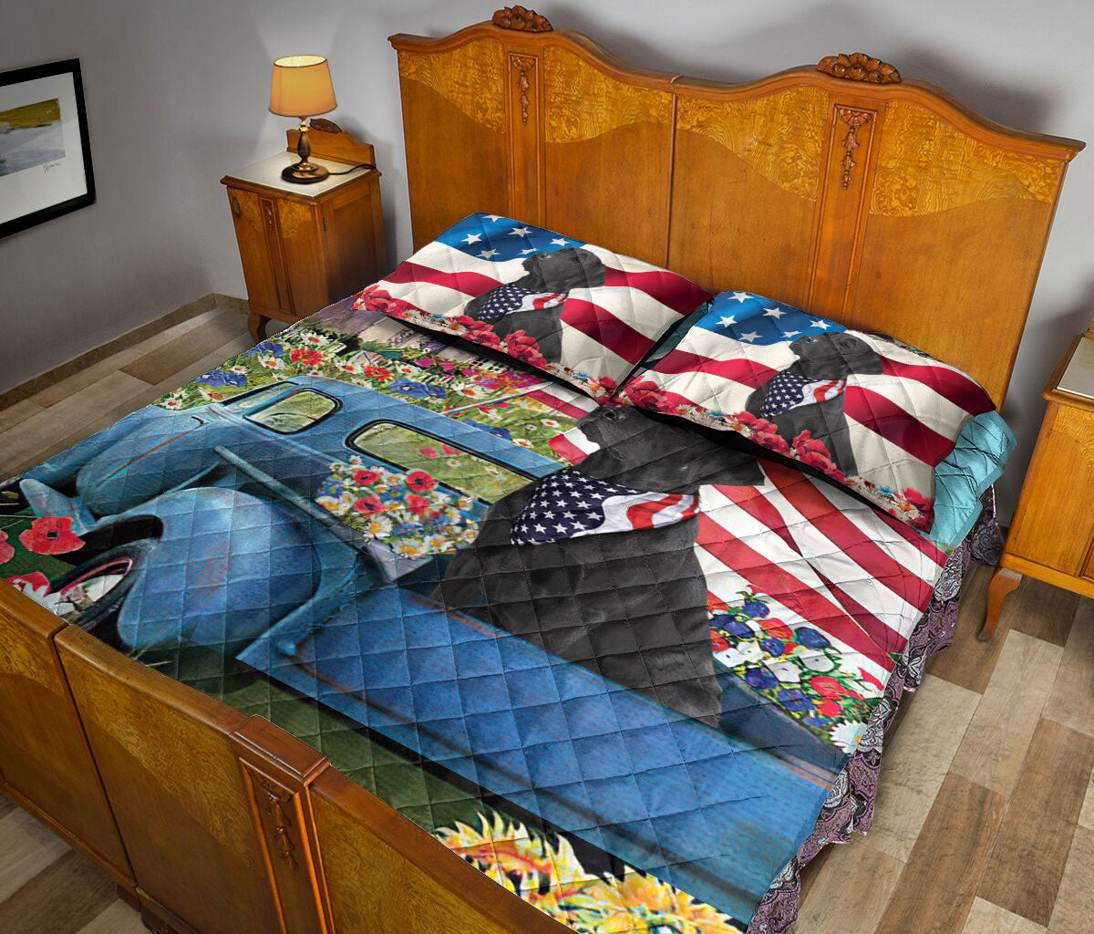 Ohaprints-Quilt-Bed-Set-Pillowcase-Black-Labrador-Patriotic-Dog-Lover-America-Us-Flag-Flower-Spring-Country-Road-Blanket-Bedspread-Bedding-271-Queen (80'' x 90'')